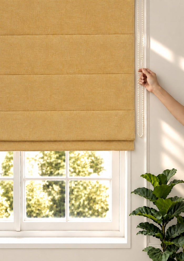 Honey Yellow Mustard Solid Linen Cotton Blend Textured Blind For Livingroom / Bedroom | Room Darkening