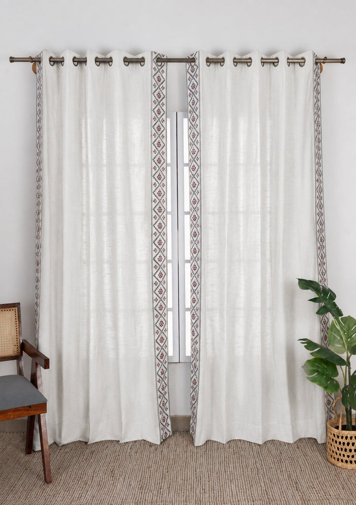 Ketaki White & Blue Geometric 100% Cotton Embroidered Curtain For Livingroom / Bedroom | Light Reduction | Single Piece
