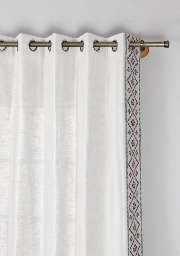 Ketaki White & Blue Geometric 100% Cotton Embroidered Curtain For Livingroom / Bedroom | Light Reduction | Single Piece