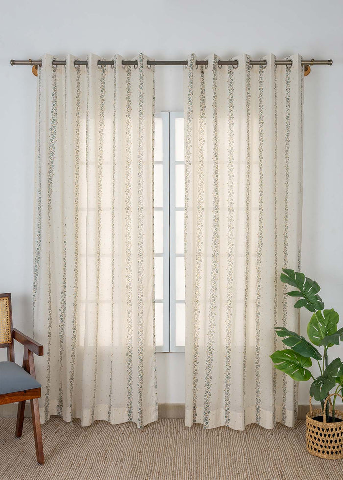Kodi Teal Floral 100% Cotton Sheer Printed Curtain For Livingroom / Bedroom | Light Filtering | Single Piece
