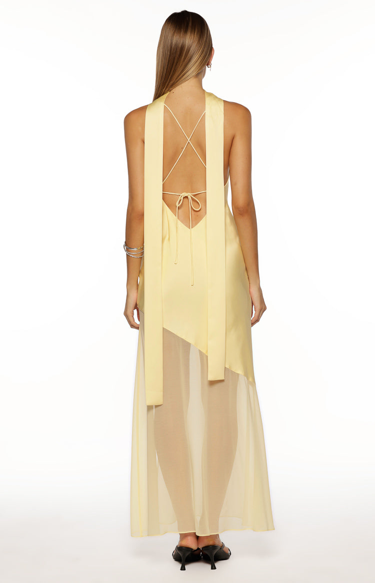 Laila Yellow Satin Scarf Formal Maxi Dress