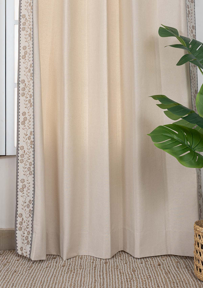 Mogra Beige Brown & Grey Floral 100% Cotton Embroidered Curtain For Livingroom / Bedroom | Light Reduction | Single Piece