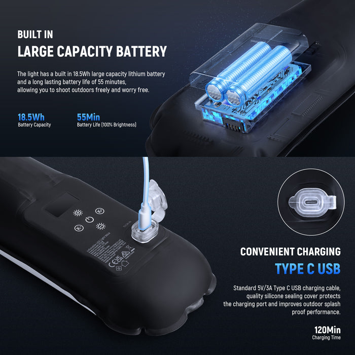 The LED fill light has a built in 7.4V 2500mAh 18.5Wh battery