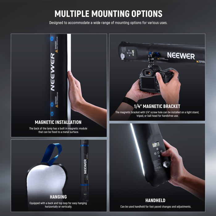 NEEWER GC21B 21W Bi Color Handheld LED Tube Light offers multiple mounting options.