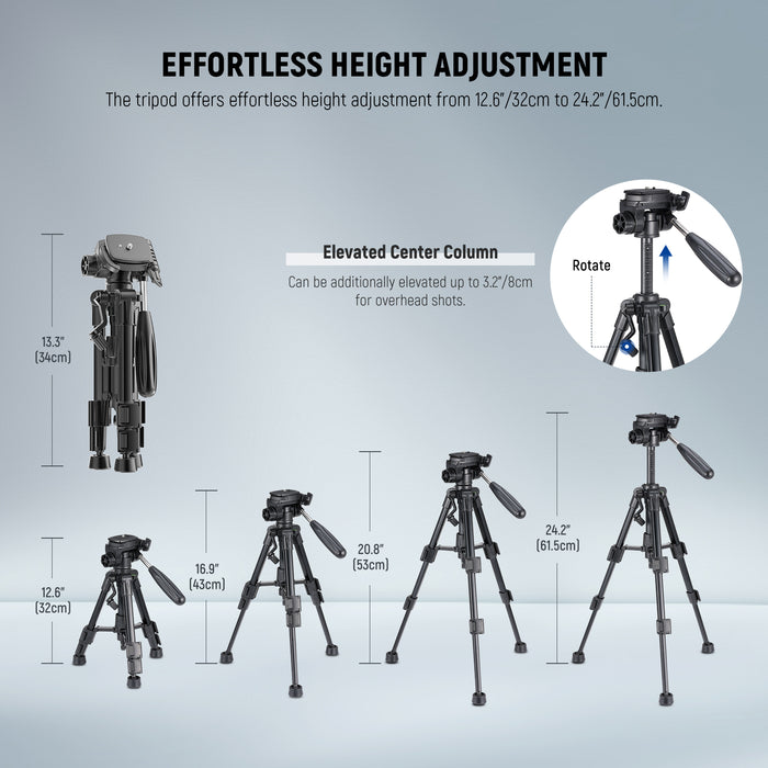 NEEWER TP02 Mini Tripod offers height adjustment from 32cm to 61.5cm.