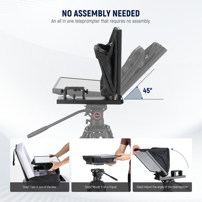 The NEEWER X16B tablet teleprompter features a one piece, foldable design.