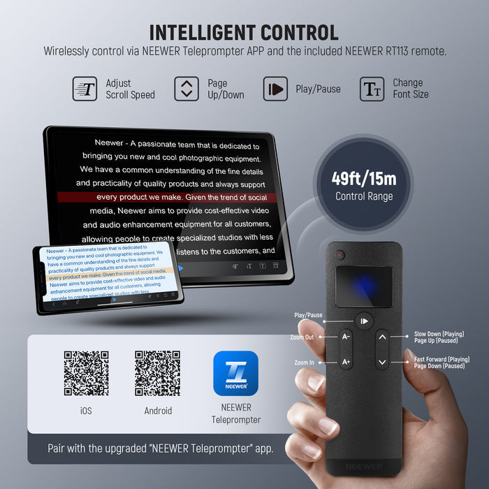 NEEWER X16B tablet teleprompter can be controlled by APP and remote.