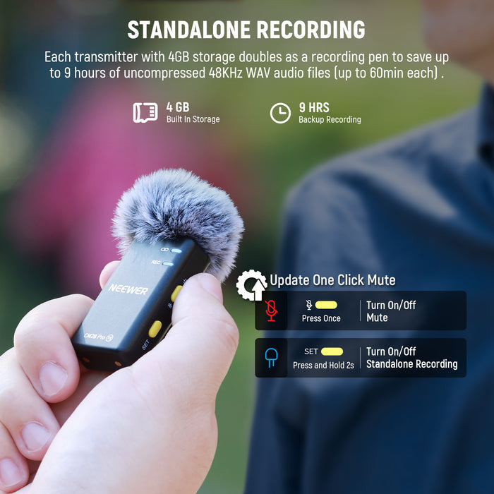 Each transmitter with 4GB storage doubles as a recording pen to save up to 9 hours of uncompressed 48KHz WAV audio files