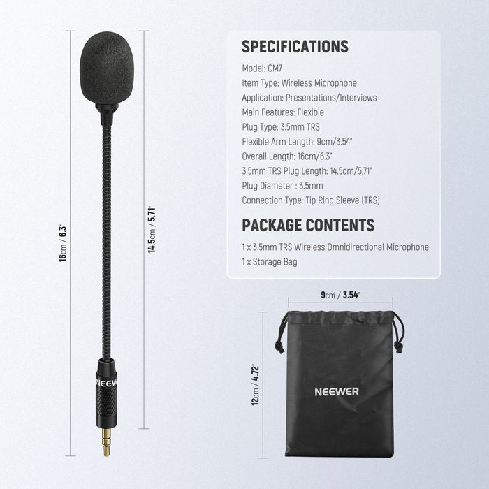 Specifications of the NEEWER CM7 3.5mm TRS Omnidirectional Condenser Microphone