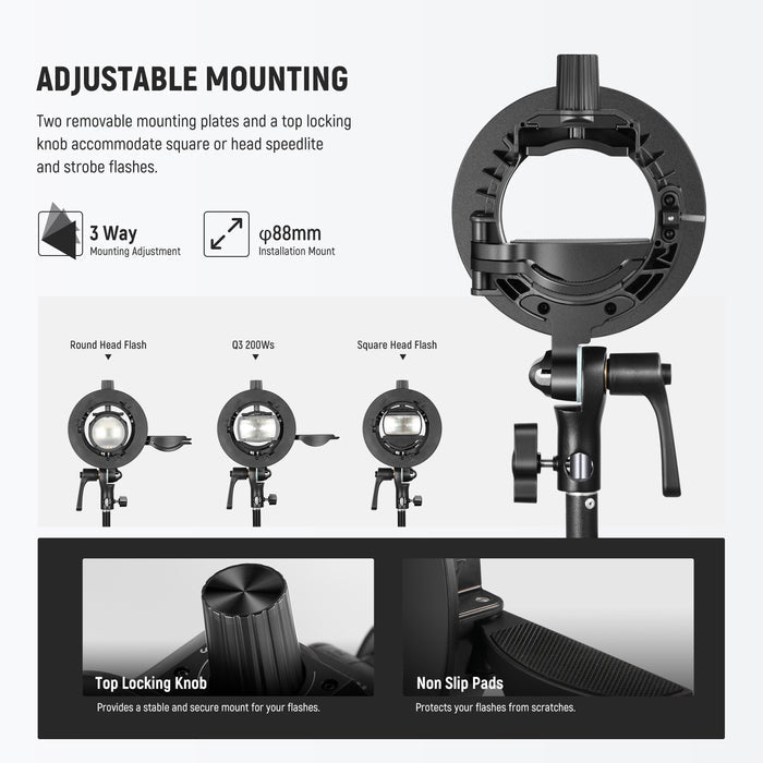 NEEWER CRB1 S Type Bowens Mount Bracket Holder for Round Square Head Flash