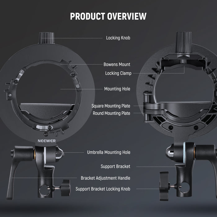 Product detail of the NEEWER CRB1 S Type Flash Bracket with Bowens Mount