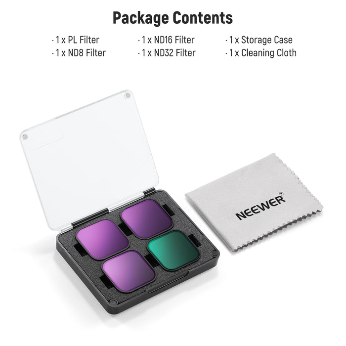 Package Contents of the NEEWER FL-GP18 4 Pack PL/ND Filter Set For GoPro 13 12 11 10 9