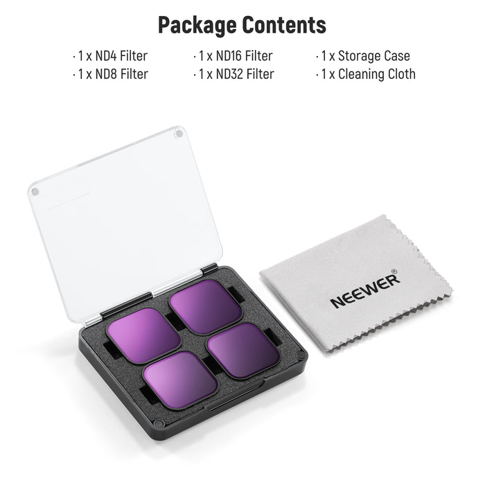 Package Contents of the NEEWER FL-GP9 4 Pack ND Filter Set For GoPro Hero 13 12 11 10 9