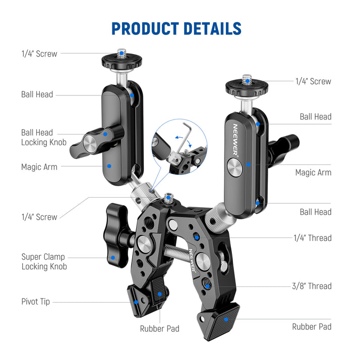 NEEWER Heavy Duty Super Clamp with Two 360° Dual Ball Head Magic Arms