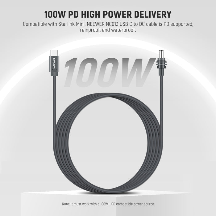NEEWER NC013 100W PD USB C to DC Power Cable delivers up to 100W power output.
