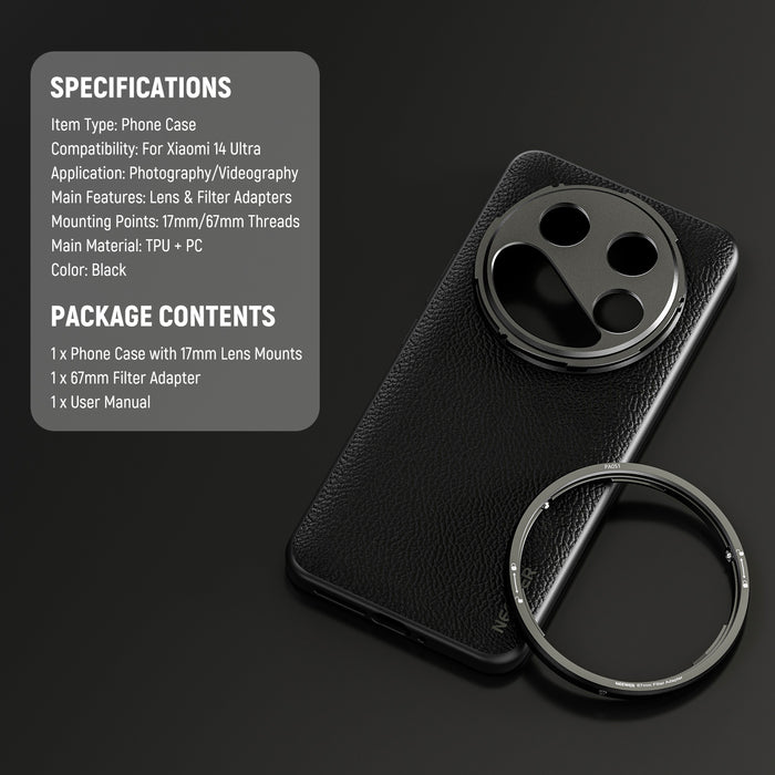 Specifications of the NEEWER PA051 Black Case for Xiaomi 14 Ultra with Adapters