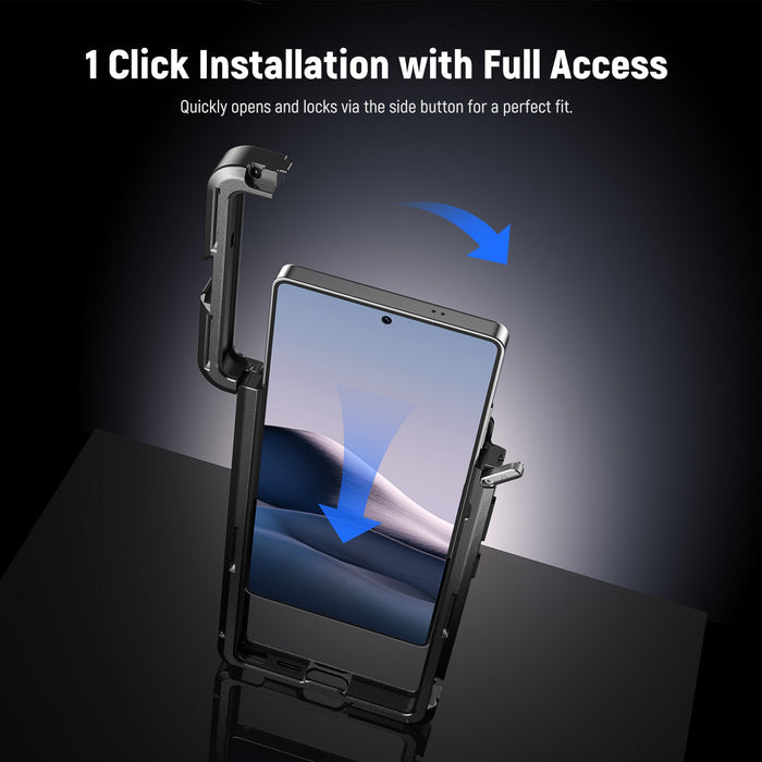 This integrated phone cage quickly opens and locks via a side button
