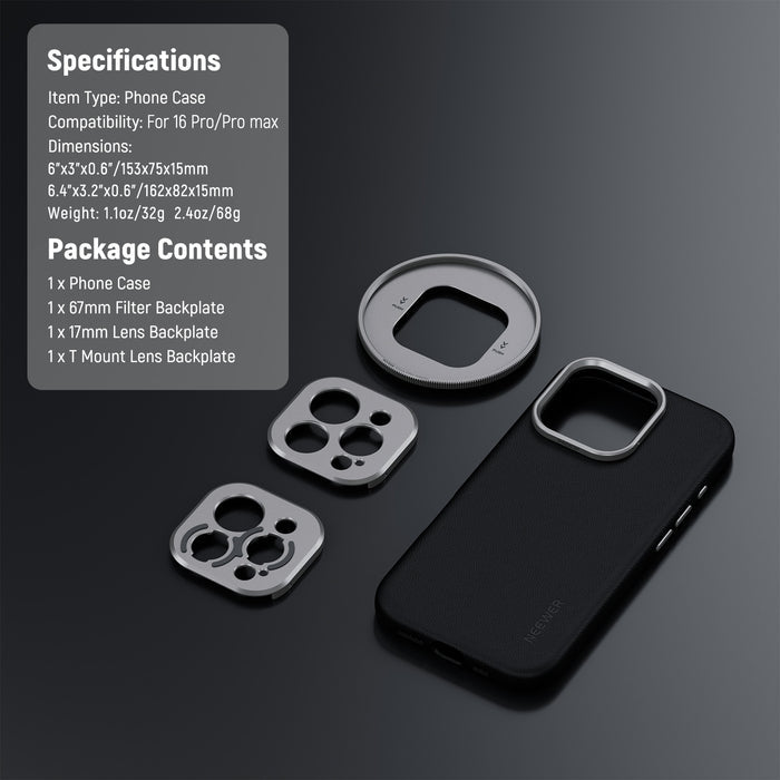 Package Contents of the NEEWER PA083P Black Case kit for iPhone 16 Pro
