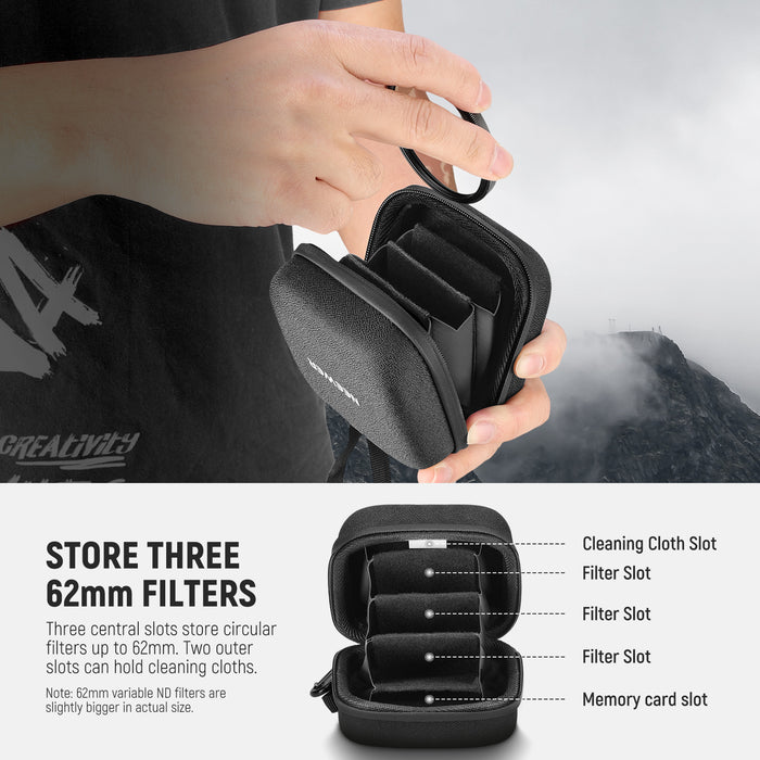 the filter case neatly organizes three circular filters up to 62mm in diameter.