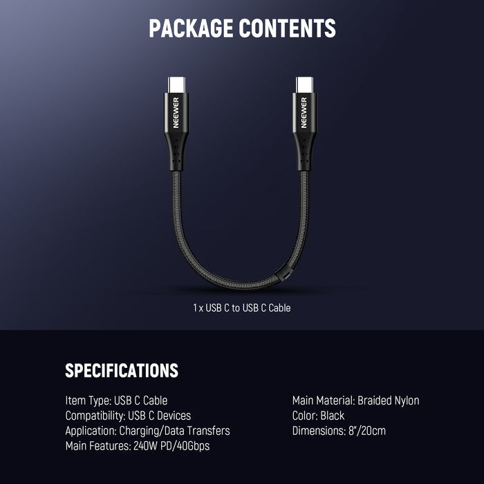 Package Contents of the NEEWER PS009 8" USB C to USB C Cable