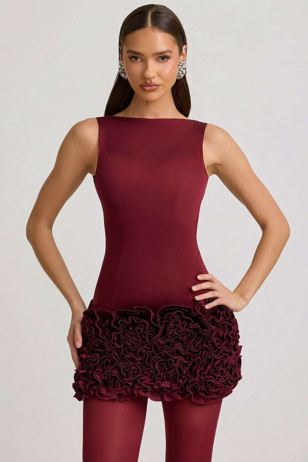 Satin Floral Appliqué Open-Back Mini Dress in Wine Red