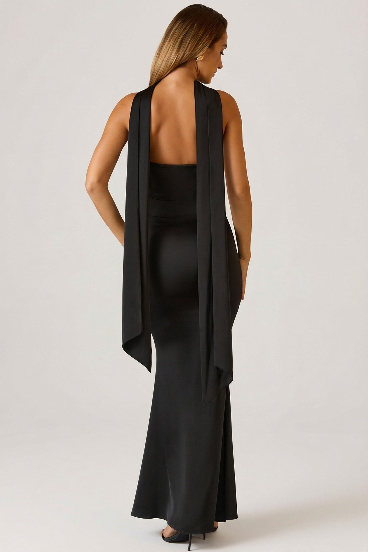 Scarf-Detail Strapless Gown in Black