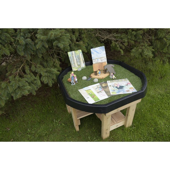 ONP Active World Tray Stand in cedar with accessories styled in the Tuff Tray, showing the outdoor sensory play station with integrated shelf for early years settings