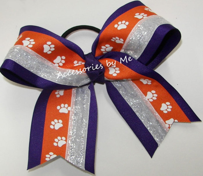 Paw Print Orange Purple White Hair Bow