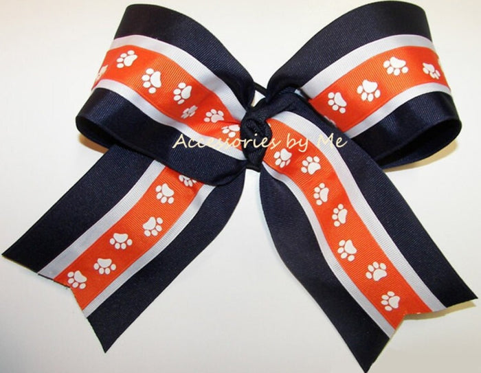 Paw Print Orange White Navy Blue CheerBow