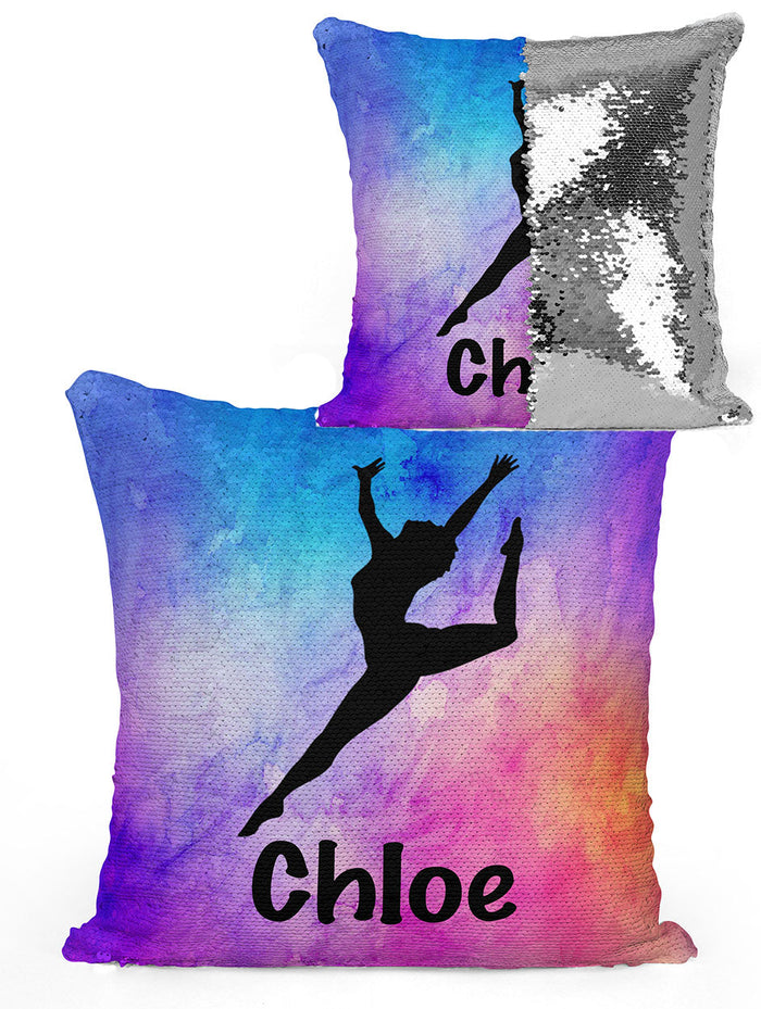 Personalized Gymnast Sequin Mermaid Flip Pillow with Watercolor Background