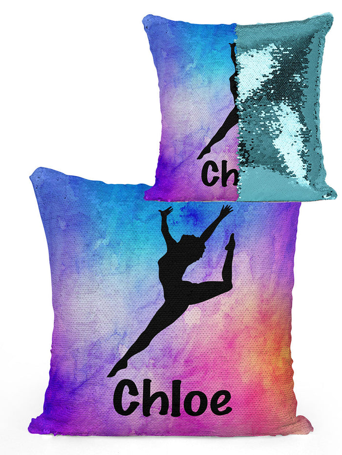 Personalized Gymnast Sequin Mermaid Flip Pillow with Watercolor Background