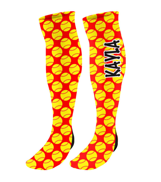 Personalized Softball Fastpitch Knee High Socks with Softball Hearts