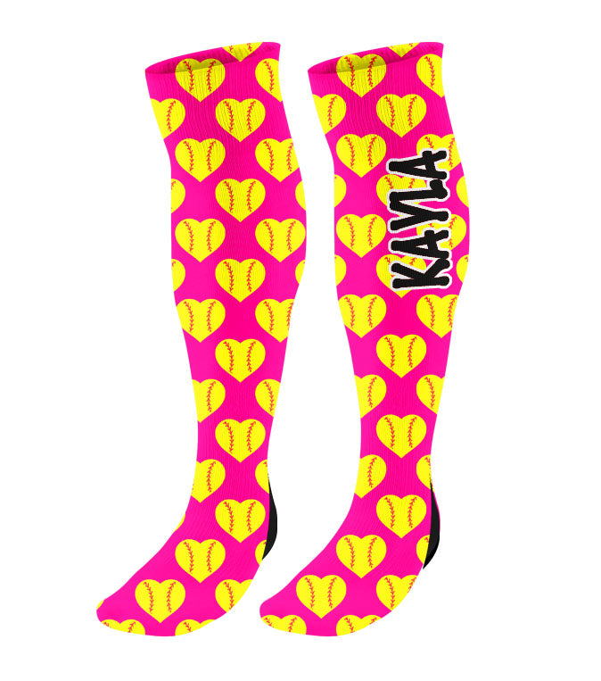 Personalized Softball Knee High Socks with Mini Heart Softballs