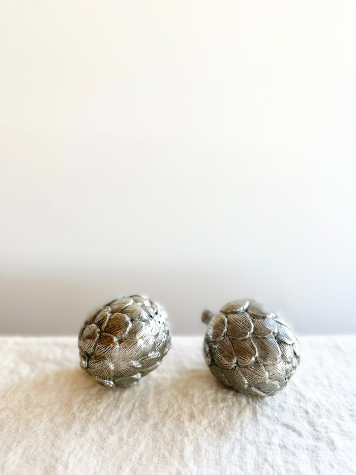 artichoke shaped pewter salt & pepper shakers close up