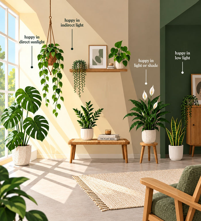 Plant light guide: happy in direct sunlight, happy in indirect light, happy in light or shade, happy in low light