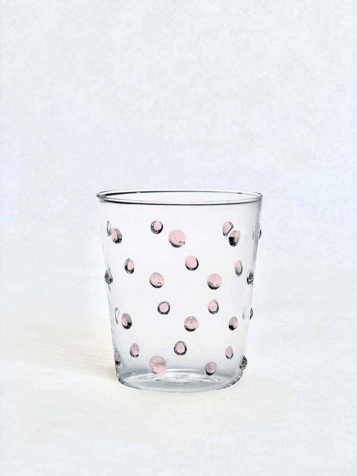 clear glass tumblers with pink glass dots