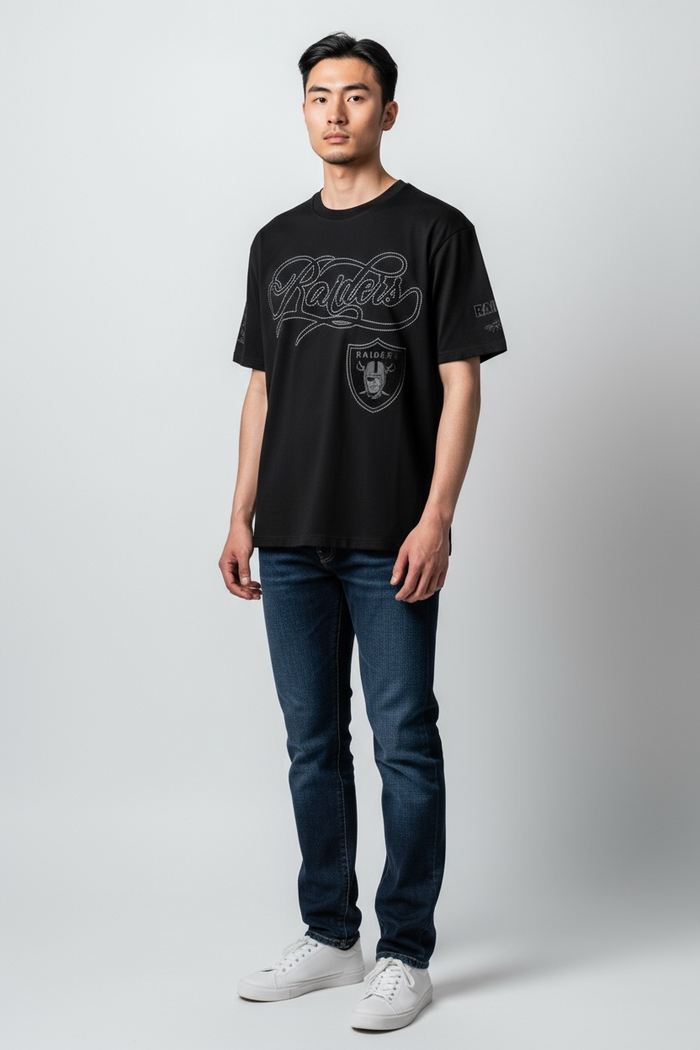 Pro Standard Las Vegas Raiders Blackout drop shoulder T-shirt with Raiders logo and black fabric, casual NFL team apparel.