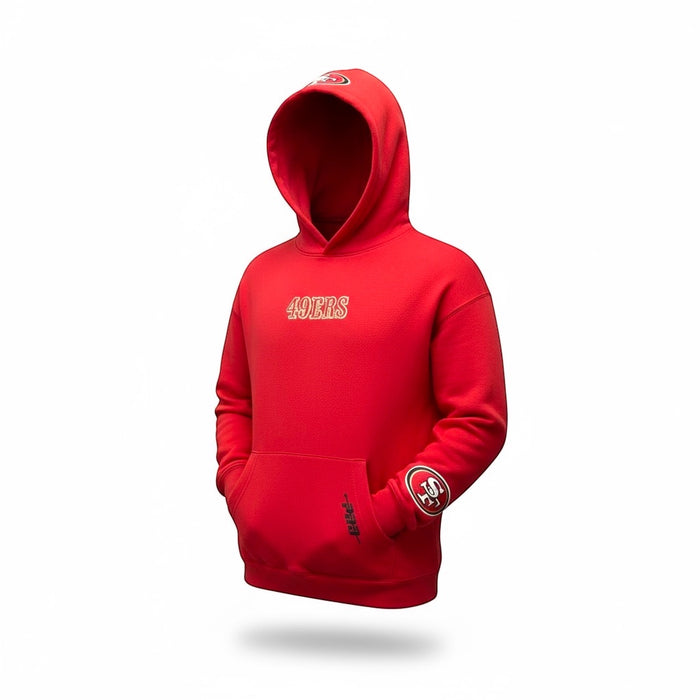 Red Pro Standard San Francisco 49ers Wingspan drop shoulder hoodie with team logo and comfortable fit, casual sportswear.