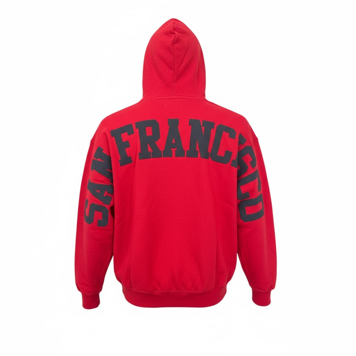 Red Pro Standard San Francisco 49ers Wingspan hoodie with drop shoulder design and team logo on the front.
