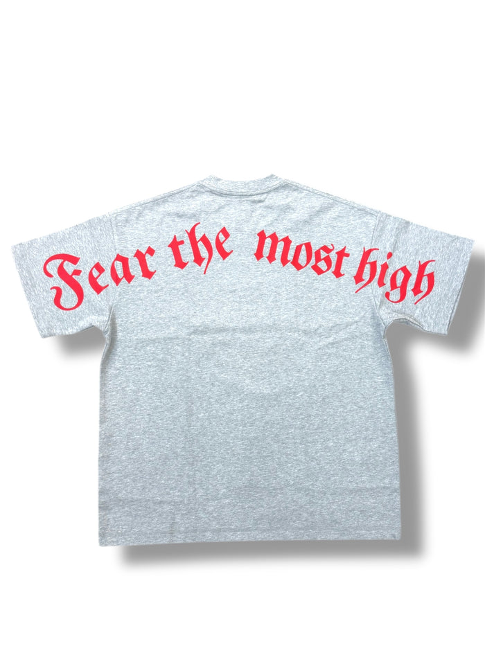 Grey and red "Fear The Most High" T-shirt by Protector and Maintainer, featuring bold print and comfortable fit.