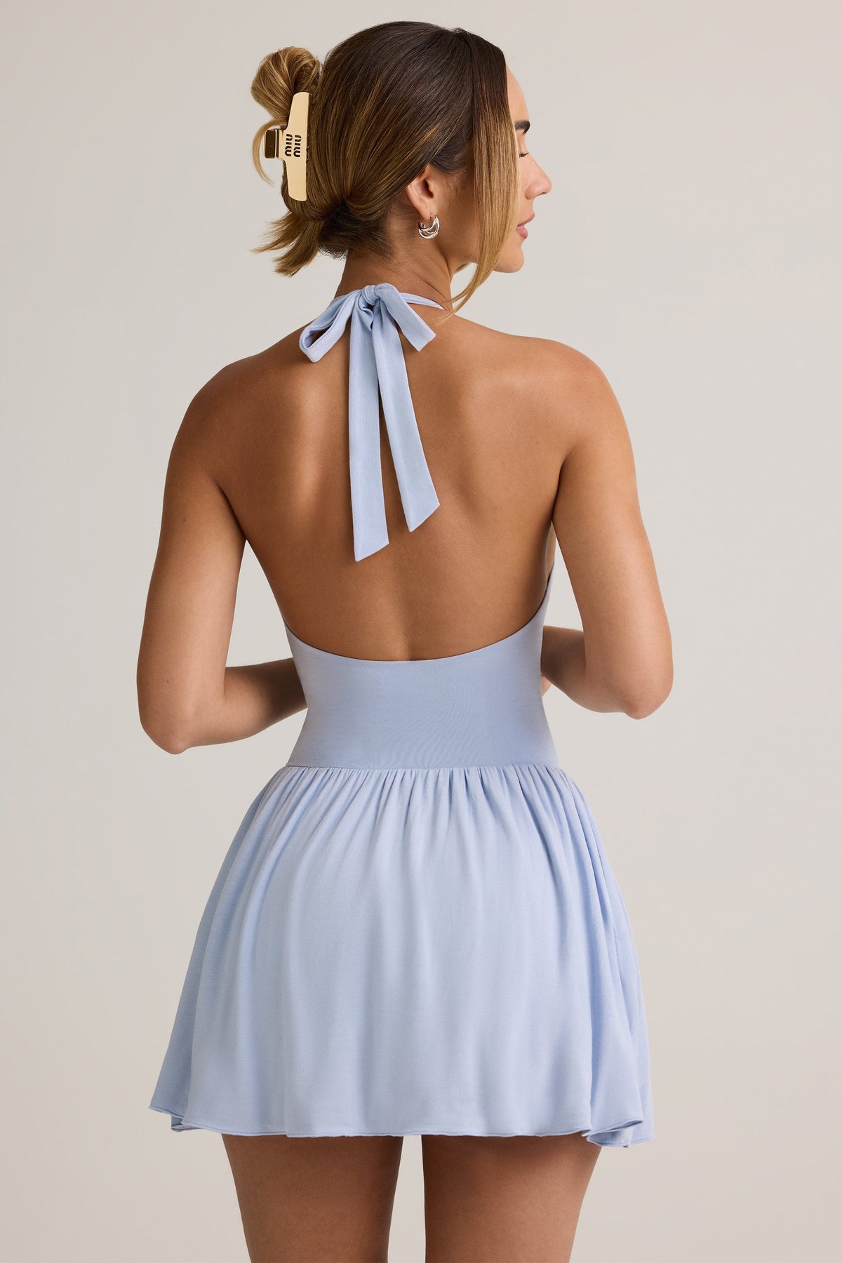Modal Backless Halterneck Mini Dress in Light Blue