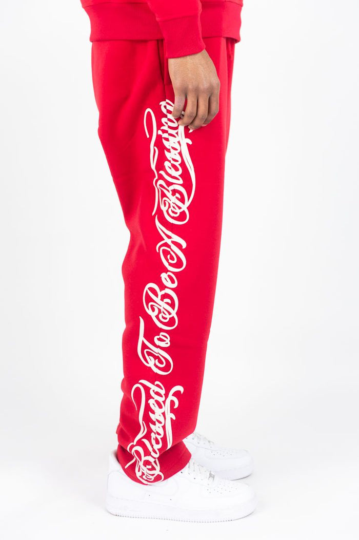 Red Rebel Minds Blessed fleece sweatpants with drawstring waist and relaxed fit, casual athletic loungewear for men or women.