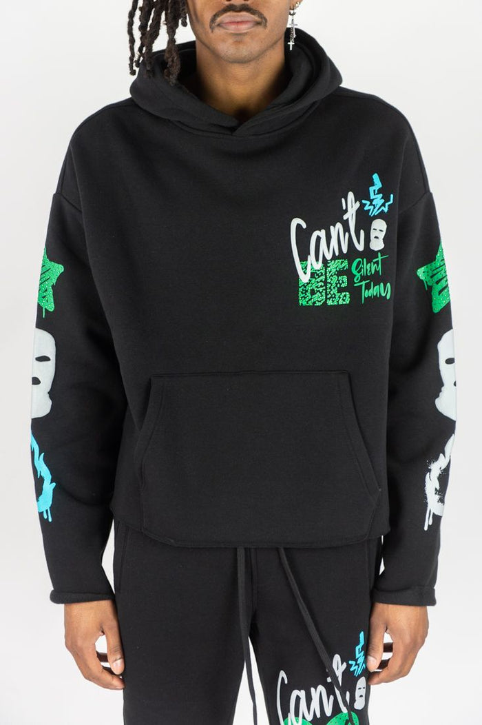 Black Rebel Minds 'Can't Be' fleece cropped hoodie with front graphic, casual style, and comfortable fit.