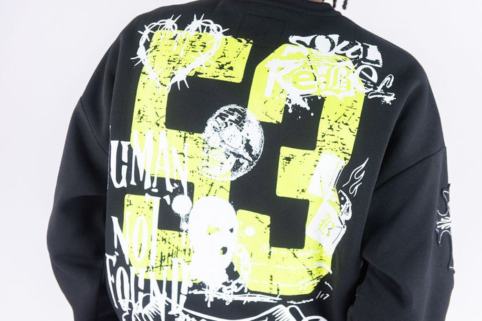 Black Rebel Minds Mask 53 crew sweatshirt, casual crewneck with graphic design, comfortable fit, soft fabric, front view.