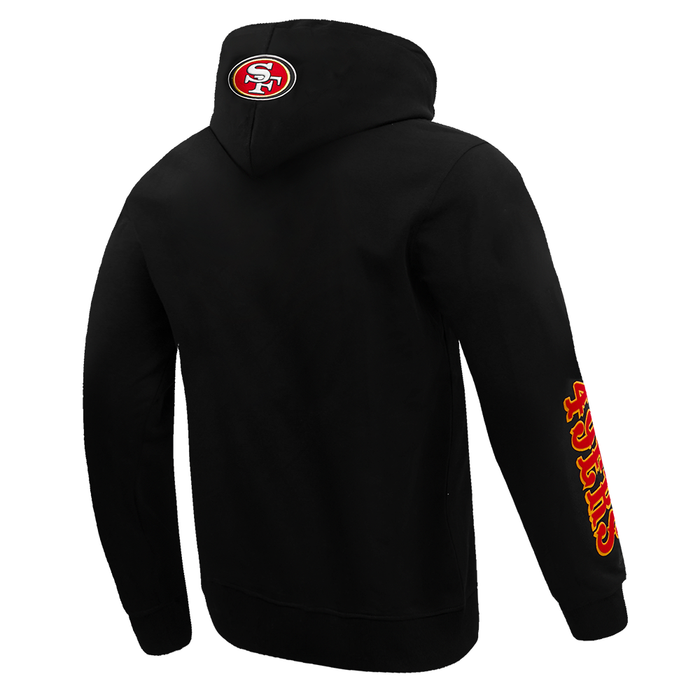 Black Pro Standard San Francisco 49ers Classic Bristle hoodie with team logo and ribbed cuffs, front view.