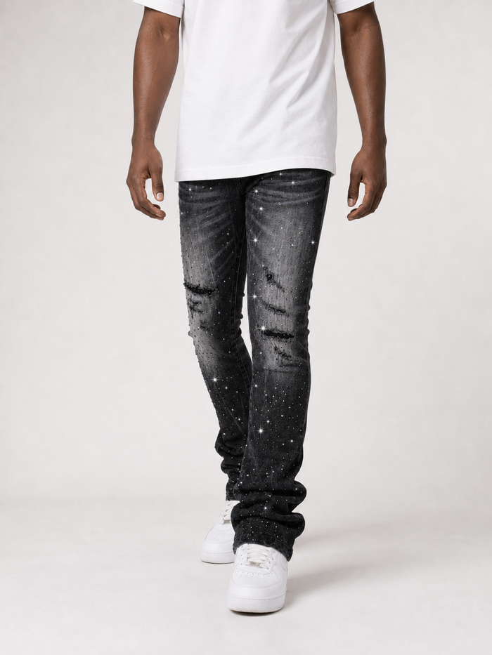 Smoke Rise All Rhinestone Stacked Flare Denim in Hematite Black showing rhinestone embellishments and flared leg design.