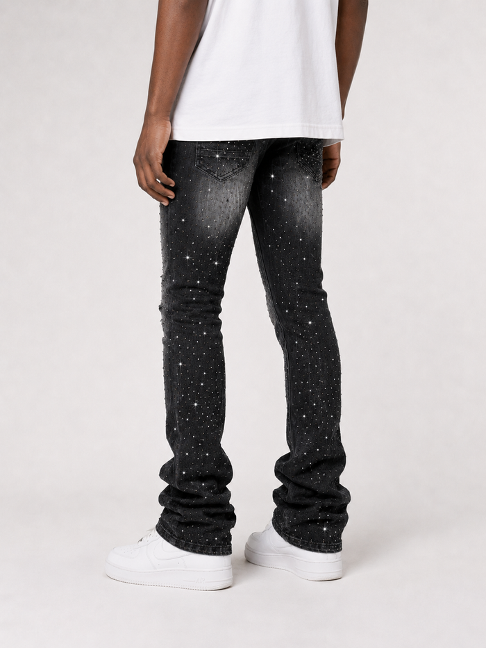 Smoke Rise all rhinestone stacked flare denim in hematite black, featuring rhinestone embellishments and a trendy flare silhouette.