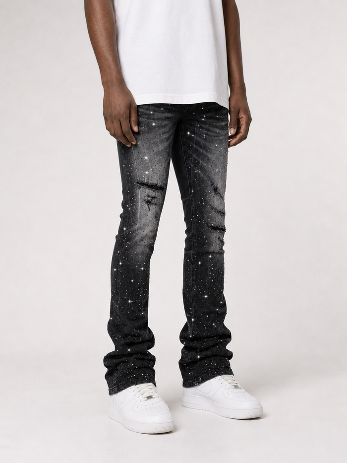 Smoke Rise All Rhinestone stacked flare denim in hematite black, showcasing rhinestone embellishments and flared denim style.