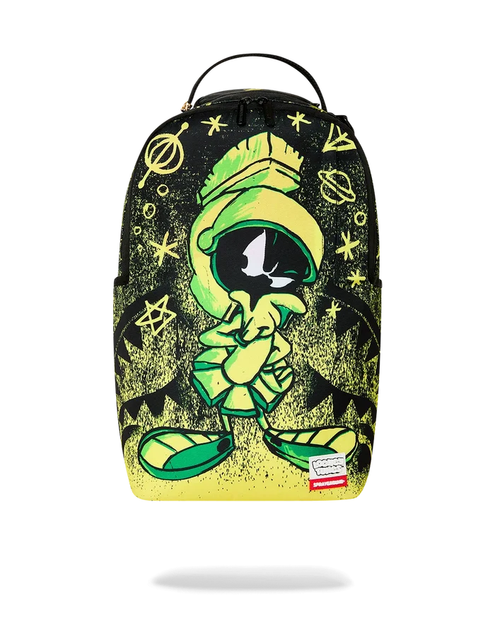 Sprayground Marvin The Martian Outta Here backpack featuring cartoon character design and adjustable straps.