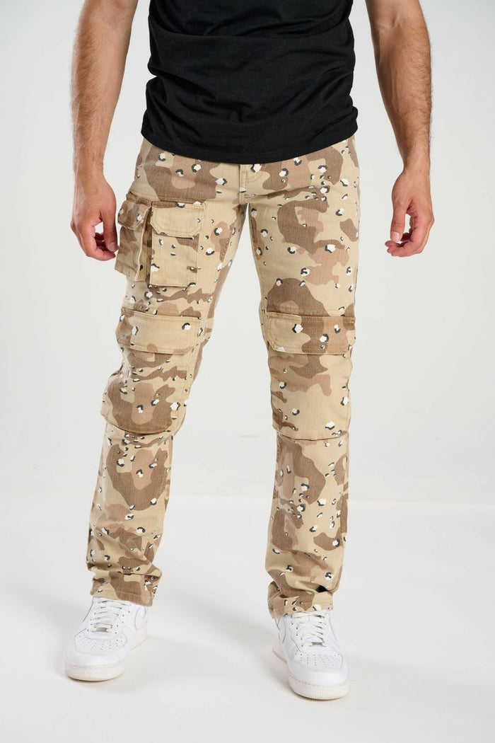 Taker Multi Pocket Slim Straight Camo Pants in desert camouflage denim fabric with multiple functional pockets